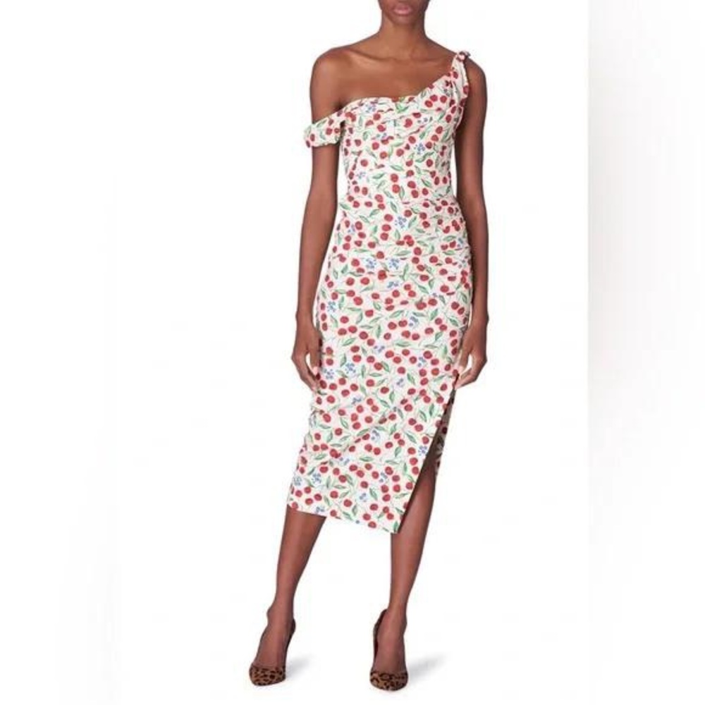 CAROLINA HERRERA Cherry Print Off-the-Shoulder Ruched Midi Dress Size 2-4